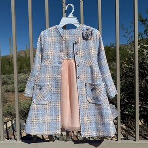 Blueberi Boulevard NWT Blue Plaid Coat with Peach Dress (Kohl’s)